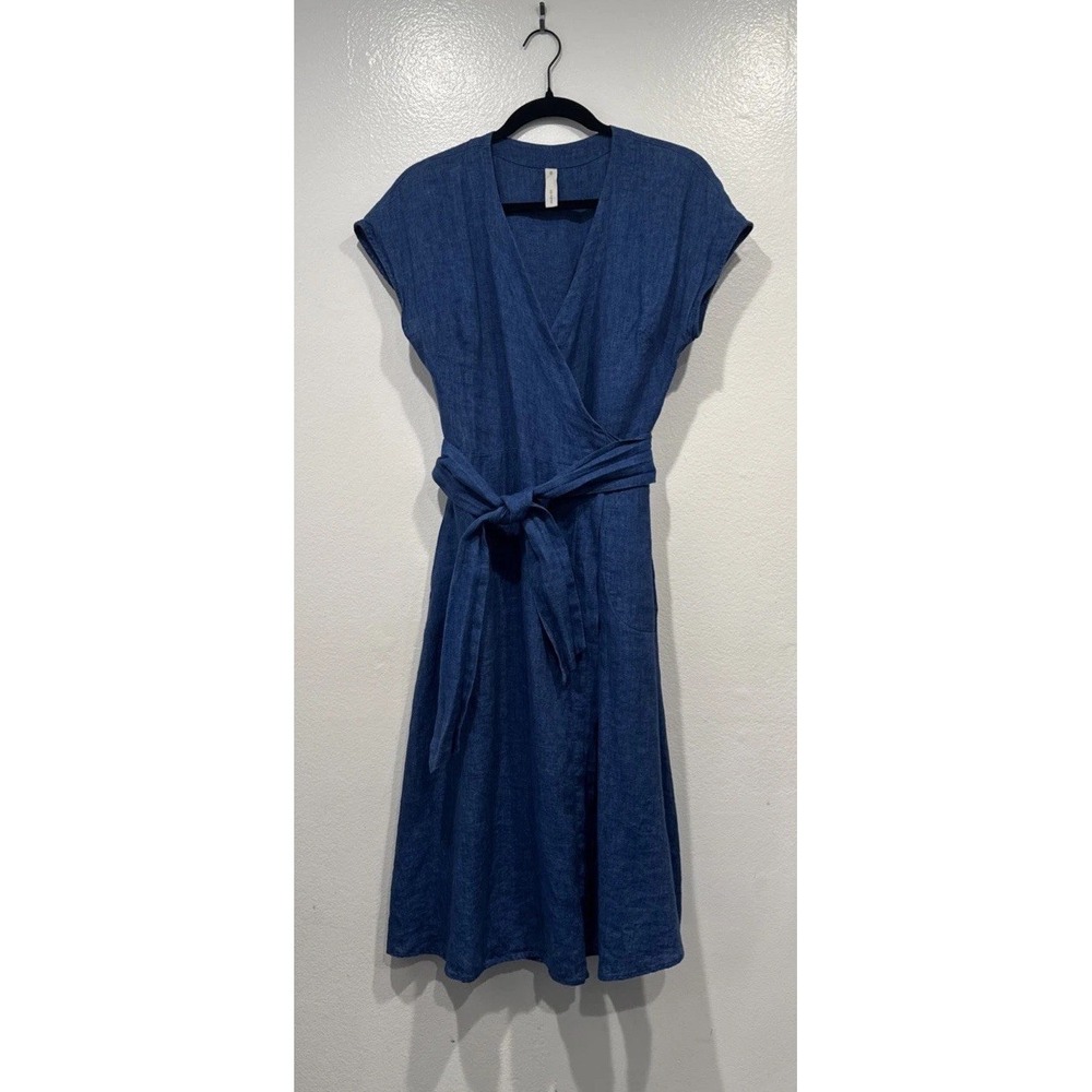 Studio 412 Blue Linen Wrap Dress Size XS V Neck Pockets Coastal Boho Bohemian